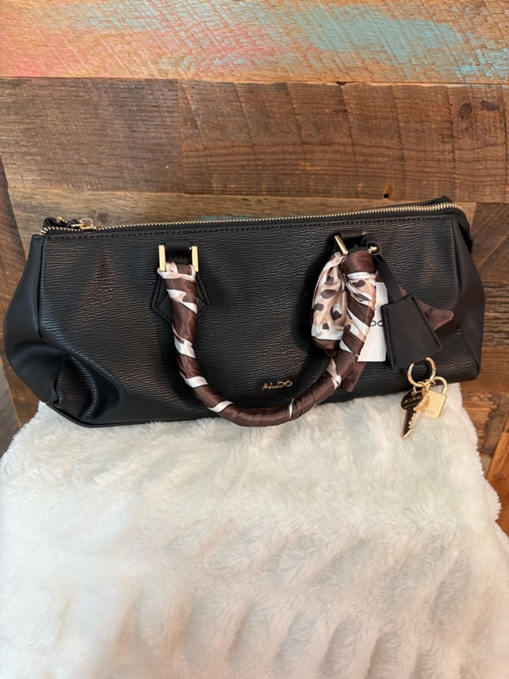 Aldo Black Satchel with Patterned Scarf-Wrapped Handles